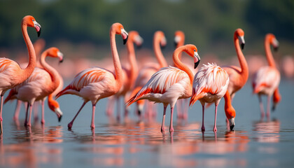 Group of vibrant pink flamingos wading in shallow water at a serene wetland
