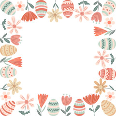 Easter square frame with colorful eggs and flowers. Vector flat style illustartion in pastel colors. Perfect for greeting cards, invitations, seasonal banners, and holiday designs. 