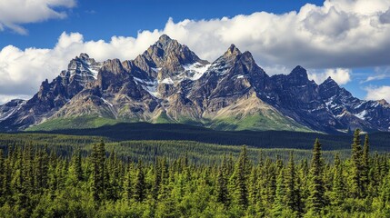Fototapeta premium Majestic mountain range with snow-capped peaks and lush green forest.