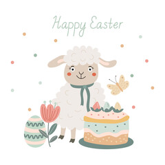 Happy Easter greeting card with a cute smiling lamb, an easter cake, a colorful egg, a butterfly and a flower. Vector illustration and letteringin hand drawn flat style, pastel colors