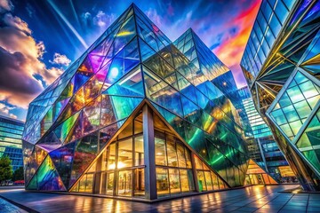 Fototapeta premium Spectrolite Crystal Architecture: Gemstone Interior Design, Iridescent Mineral Structures, Modern Building Facade, Luminous Crystal Walls