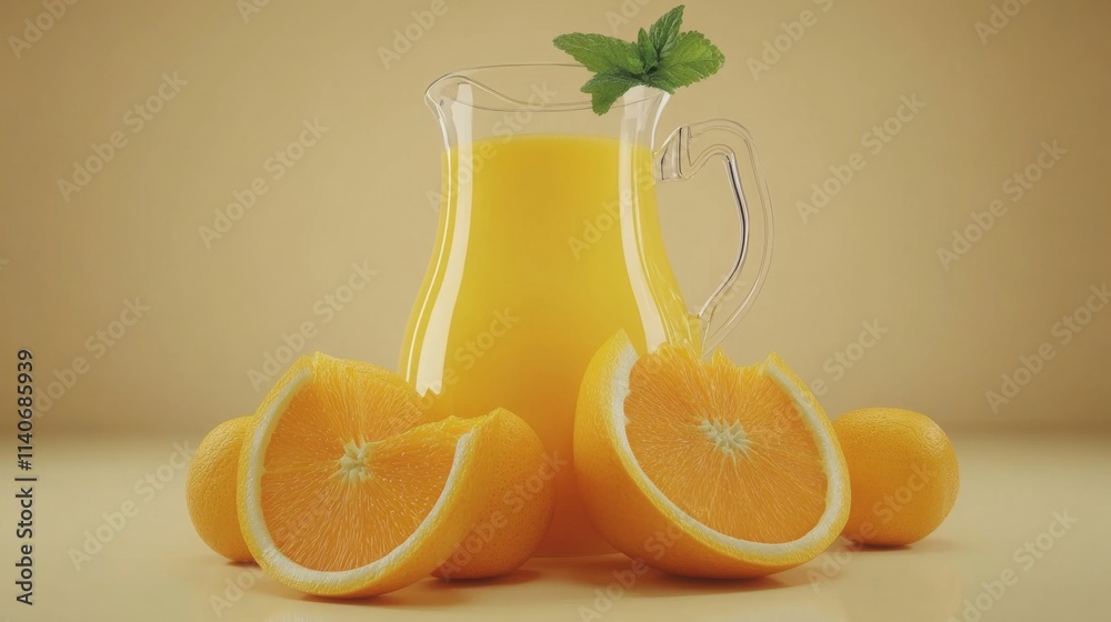 Poster fresh orange juice in a pitcher with sliced oranges and mint leaf