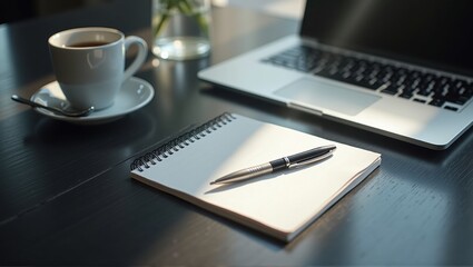 A modern workspace with a notebook, pen, laptop, and coffee cup on a dark wooden table, illuminated by soft natural light, evoking focus and productivity. Generative, AI,