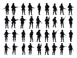 Set of female or woman soldier silhouette vector icon on white background, person in the battle, army, military people bundle concept.