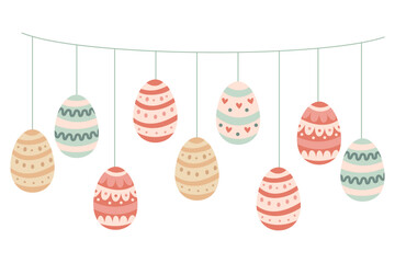 Easter garland with colorful eggs. Vector illustration in hand drawn flat style, pastel colors. Perfect for greeting cards, invitations, seasonal banners, and holiday designs