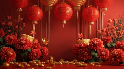 Vibrant lunar new year celebration festive setting decorative floral arrangements red lanterns cultural atmosphere