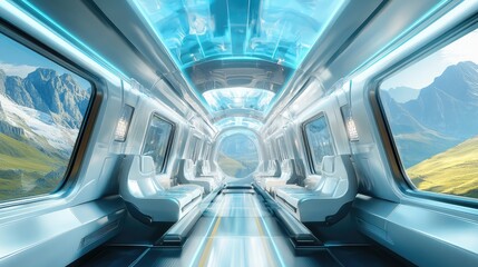 Obraz premium The interior of a futuristic high-speed train, with transparent walls providing a full 360-degree view of the passing landscapes