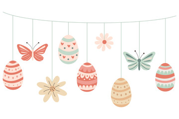 Festive Easter garland illustration with decorated eggs, butterflies, and flowers in pastel colors. Perfect for greeting cards, invitations, seasonal banners, and holiday designs. 