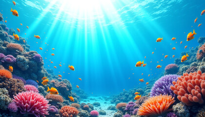 Naklejka premium Vibrant underwater coral reef illuminated by sunlight with schools of tropical fish 