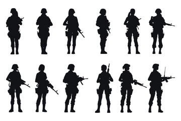 12 Bundle Set of female soldier silhouette vector on white background, person in the army battle, military people concept.