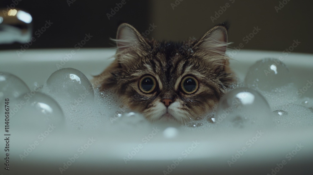 Poster Playful Cat Surrounded by Bubbles in a Bath Setting