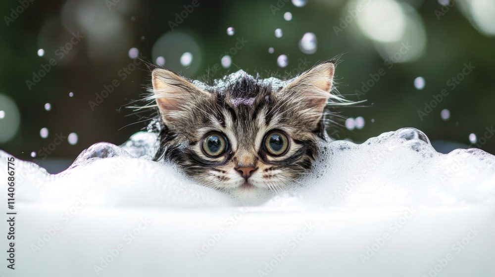 Poster Curious Kitten Exploring Bubbles in Soapy Water Fun Adventure