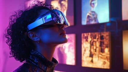 17120238 332 A person using augmented reality glasses to navigate a virtual art gallery in the Metaverse, interacting with 3D art pieces and learning about their creators