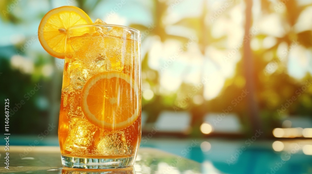 Poster refreshing summer beverage with citrus and ice by the poolside