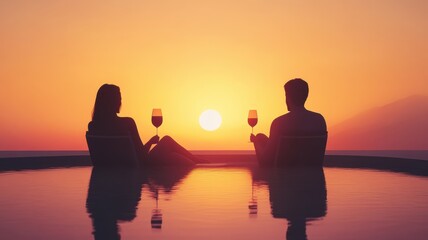Obraz premium Serene sunset over horizon, couple sharing glasses of wine in luxury setting. Valentine's Day