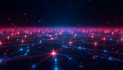 A futuristic digital grid with glowing nodes, vibrant neon colors, and a dark gradient background. Incorporate subtle data streams or digital waveforms for depth