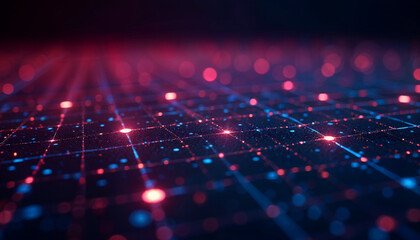 A futuristic digital grid with glowing nodes, vibrant neon colors, and a dark gradient background. Incorporate subtle data streams or digital waveforms for depth
