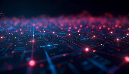 A futuristic digital grid with glowing nodes, vibrant neon colors, and a dark gradient background. Incorporate subtle data streams or digital waveforms for depth