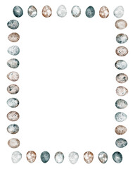 Watercolor Easter frame with eggs, minimalistic design. Illustration of template for greeting cards or holiday invitations. Light background with festive elements. Hand painted holiday card.