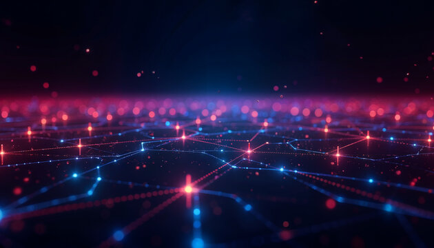 A futuristic digital grid with glowing nodes, vibrant neon colors, and a dark gradient background. Incorporate subtle data streams or digital waveforms for depth