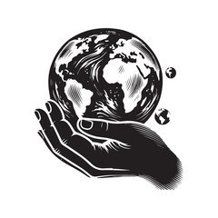 A Hand Holding the Earth Silhouette Vector Illustration, Solid White Background.