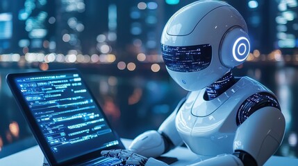 17120238 344 A high-tech AI-powered robot providing customer service in a digital storefront, assisting users with product inquiries and processing transactions seamlessly