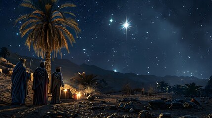 The holy family surrounded by three kings offering gold, frankincense, and myrrh, their robes illuminated by the glowing star of Bethlehem, a palm tree swaying in the desert wind, © Thuyet