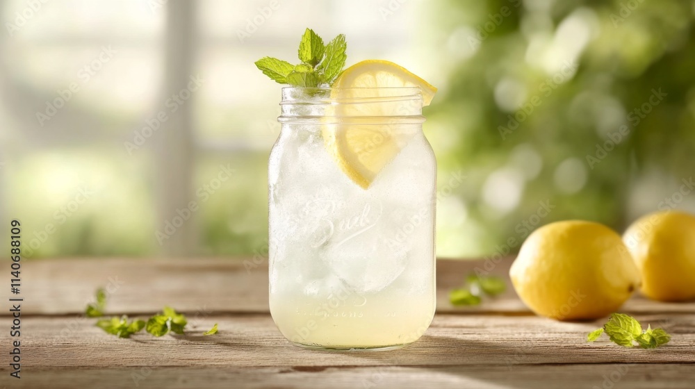 Poster Refreshing Lemonade with Mint in a Jar on a Sunlit Table