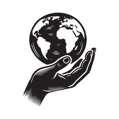 A Hand Holding the Earth Silhouette Vector Illustration, Solid White Background.