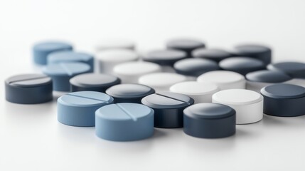 A close-up view of assorted blue and white medical pills.