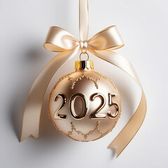 Golden Baubles with Number 2025 New Year Hanging on Ribbon Bow Isolated on White and Png Transparent Background.
