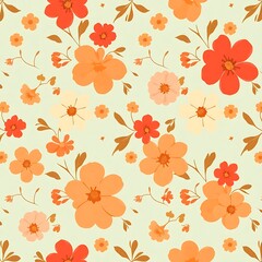 Floral Delight: A seamless pattern of vibrant orange, red, and yellow flowers on a soft green background.  This cheerful, whimsical design is perfect for adding a touch of nature to your projects.  