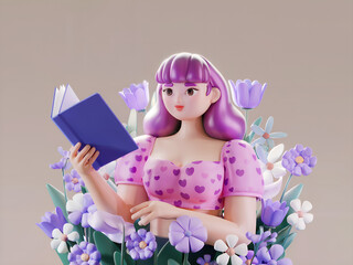 A young beautiful woman or girl reading book on the meadow. A 3d female cartoon character among flowers. Isolated illustration