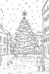 Obraz premium Festive line art of a town square with a decorated Christmas tree, people, falling snow, and a dog, perfect as a coloring page or holiday illustration.