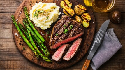Succulent Grilled Steak Served with Mashed Potatoes and Asparagus