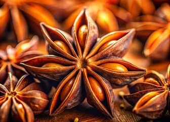 Star Anise Spice, Aromatic Star Shaped Herb, Culinary Ingredient, Closeup Macro Photography, High Depth of Field, Detailed Texture, Food Photography, Star Anise Background, Herbal Remedy, Asian Spice