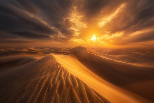 The sun sets, illuminating the sand dunes with golden light in a peaceful desert scene. Vast sand dunes under a golden sunset .