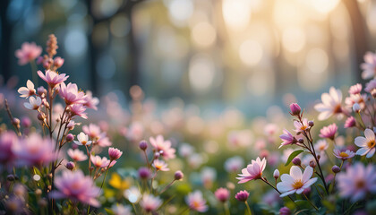 Obraz premium Beautiful colourful flowers are blooming in a vibrant, dreamlike garden, with soft bokeh and sparkling particles creating a magical atmosphere.