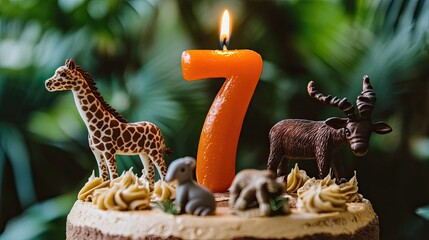 A close-up of a safari-themed cake with animal toppers and a bold orange number 7 candle lit in the center.