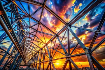 Steel Sky: Industrial Architecture, Metal Structure, Modern Skyscraper, Geometric Design, Urban Landscape, Construction, Engineering, Steel Beams,  Skyline, Building,  Metal Construction, 