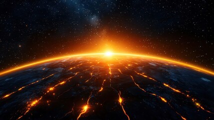Obraz premium A stunning view of the Earth at sunrise, showcasing vibrant colors and glowing lava-like features against a starry backdrop.