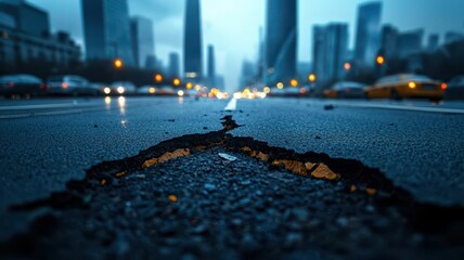 A cracked road in a cityscape at dusk, illuminated by streetlights, highlighting urban decay amidst towering skyscrapers.