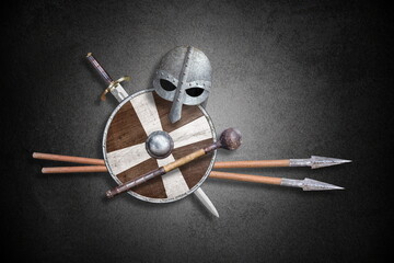  knightly shield sword helmet mace and two lances  on black