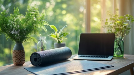 Yoga mat, laptop, and plants on a wooden table by a sunlit window.