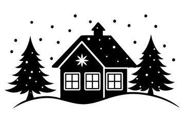 Naklejka premium A cozy house with winter wonderland vector silhouette with snow covered background