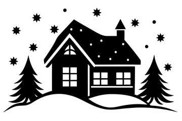 A cozy house with winter wonderland vector silhouette with snow covered background