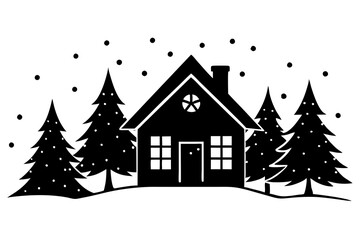 Naklejka premium A cozy house with winter wonderland vector silhouette with snow covered background