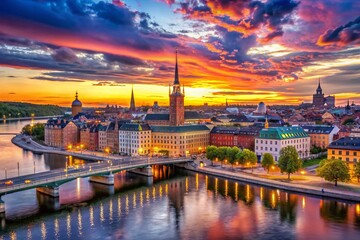 Fototapeta premium Stockholm Skyline Panorama: Stunning Swedish Capital Cityscape at Golden Hour