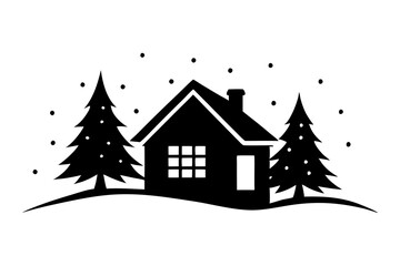 Obraz premium A cozy house with winter wonderland vector silhouette with snow covered background