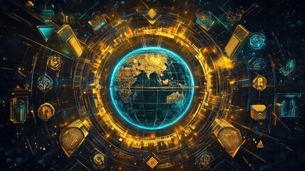 A luminous globe encased in a holographic grid, surrounded by icons of global commerce, styled in futuristic cyber aesthetics, vibrant blue and gold
